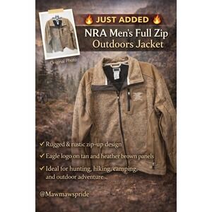 NRA Mens Full Zip Jacket Coat Eagle Logo Pockets Tan Brown Outdoors